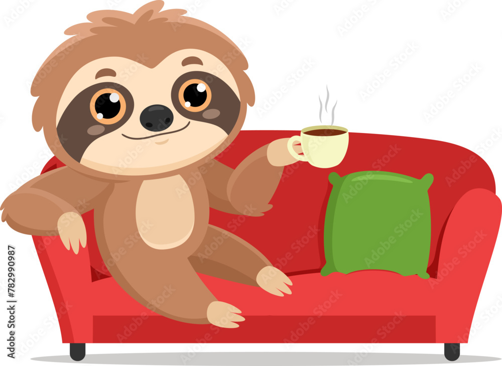 Fototapeta premium Smiling Cute Sloth Cartoon Character Sitting On A Sofa And Drinking Coffee. Vector Illustration Flat Design Isolated On Transparent Background