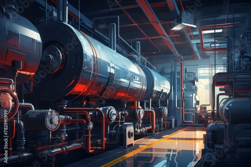 Industrial interior of a factory with huge barrels for liquid storage. Concept for storing goods, warehouse space photo