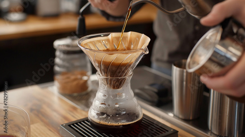 Pouring coffee filter into a glass, filter coffee preparation process, brewing photo