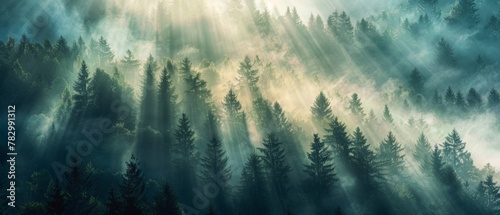 Amazing mystical rising fog dust mist forest woods trees landscape panorama banner with sunshine sunlight and sunbeams sunshine rays 