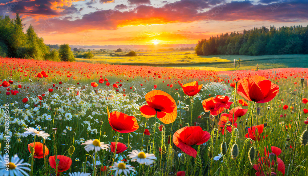 Obraz premium Summer red poppies with white flowers and a beautiful sunset