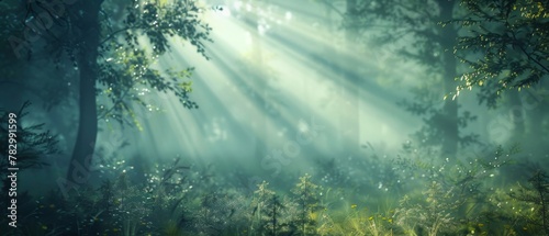 Close up of amazing mystical rising mist fog dust forest woods trees landscape panorama banner with sun sunlight sunshine and sunbeams sunshine rays  photo