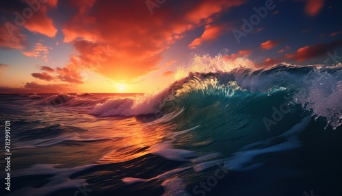 Beautiful sunset reflection on the wave. Powerful storm surge before gurgling and foaming  ocean wave panoramic background
