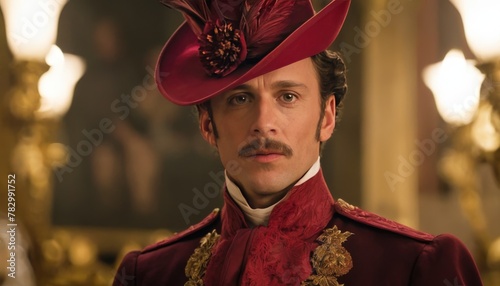 A dignified man in luxurious red period clothing, complete with a decorative hat, poses elegantly.