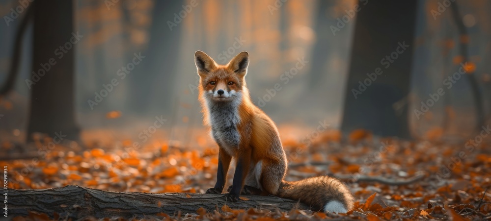Naklejka premium Wildlife animal photography background - Wild fox in the forest with autumnal fallen autumn leaves