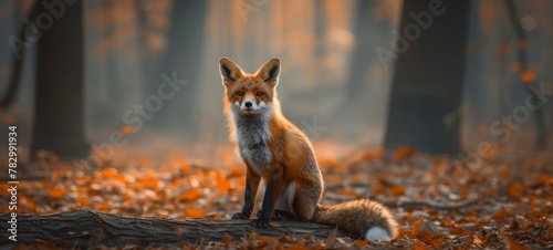 Wildlife animal photography background - Wild fox in the forest with autumnal fallen autumn leaves photo