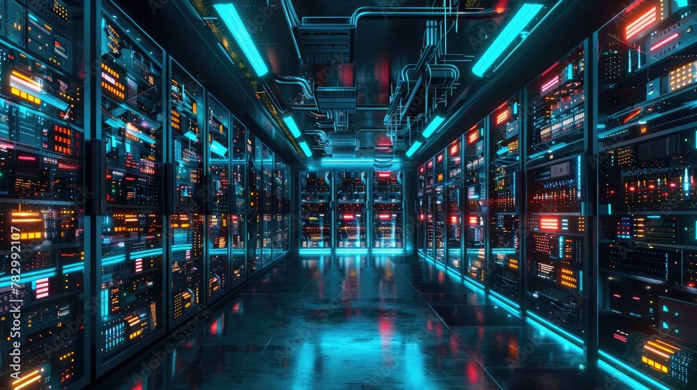AI Content Generation. Panoramic server room view showing AI's power in data handling AI Content Generation. Panoramic server room view showing AI's power in data handling