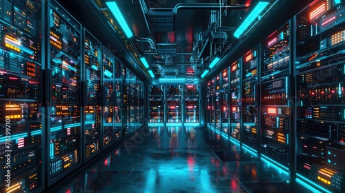 AI Content Generation. Panoramic server room view showing AI's power in data handling