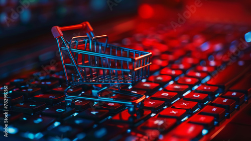 Online shopping concept, small shopping cart stands on keyboard, dark background, digital e-commerce. Generative AI photo