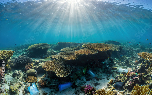 coral reef polluted with plastic waste, environmental pollution © itakdalee