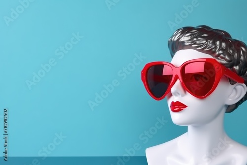 A chic white mannequin head donning oversized red sunglasses against a blue background. Stylish Mannequin Head with Red Sunglasses