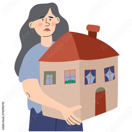 The woman holds the house. Refugee abandone home and look for a safe place to live. Social crisis idea. World Refugee Day banner.