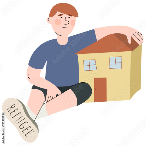 A boy sits near his house. Refugee abandone home and look for a safe place to live. Social crisis idea. World Refugee Day banner.