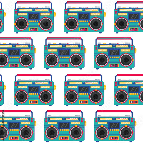 Pattern with a retro tape recorder. Boombox in flat style. Pattern for textile, wrapping paper, background.	