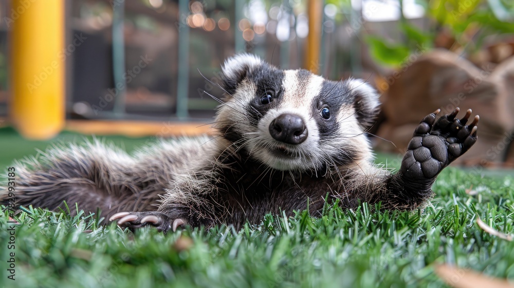 Badger in wildlife. Badger Rolling and Frolicking in Grassy Meadow.