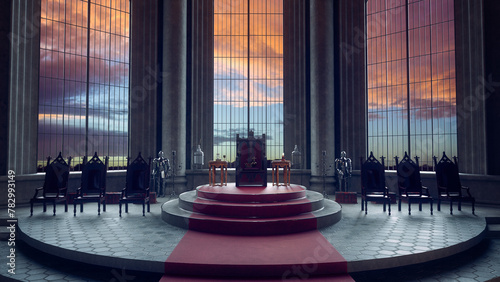 Throne of a medieval king on a raised platform with sunset seen through large windows in the background. 3D rendered illustration. photo
