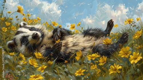 Badger in wildlife. Badger Rolling and Frolicking in Grassy Meadow.