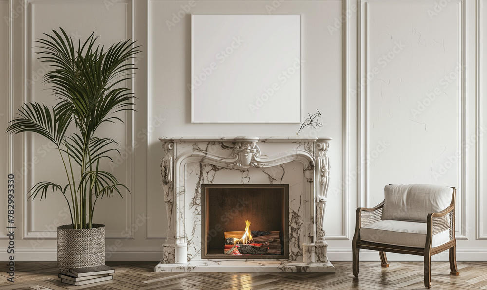 Fototapeta premium Mockup frame above the fireplace in the living room. 3d render.
