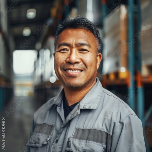 A portrait of a janitor in a work uniform, smiling, facing forward. In the background are warehouses, studio lighting. Soft light, daytime, realistic image, real life, social media, publication, high 