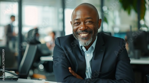 African American businessman smiling at camera while sitting in a modern office
