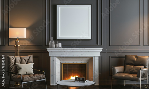 Mockup frame above the fireplace in the living room. 3d render. © Sawyer0