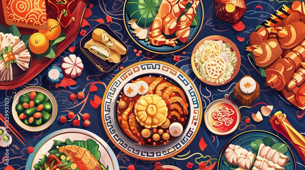 An illustration of delicious reunion dinner dishes with patterned backgrounds for this banner. Text: New year's eve dinner. Good luck dishes now available. Ambrosia..
