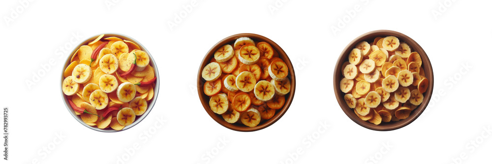 Set of Banana chips in a bowls, illustration, isolated over on transparent white background Set of Banana chips in a bowls, illustration, isolated over on transparent white background