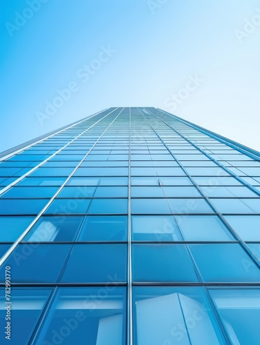 A sleek, glass-walled office building towering against a clear blue sky, symbolizing corporate professionalism and modernity. 