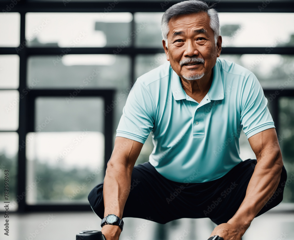 An older man sitting on a balance ball with his feet on the ground and his hands on his hips. An older man sitting on a balance ball with his feet on the ground and his hands on his hips.