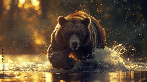 Wild Bear Captured in its Natural Habitat. Brown Bear Leaping into Glistening River.