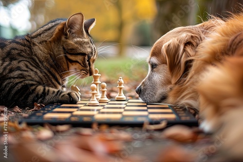 Felidae and Carnivore play chess, with whiskers and snout photo
