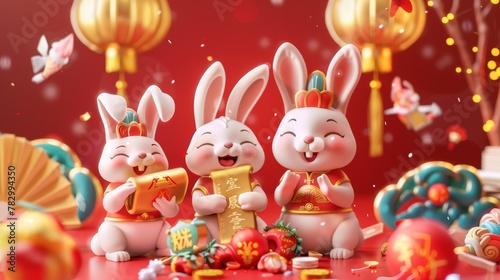 The Chinese new year poster featuring a cute illustration of rabbits holding paper scrolls and gold ingots. The back also features Koi fish and Chinese new year decorations. The text reads Jaded