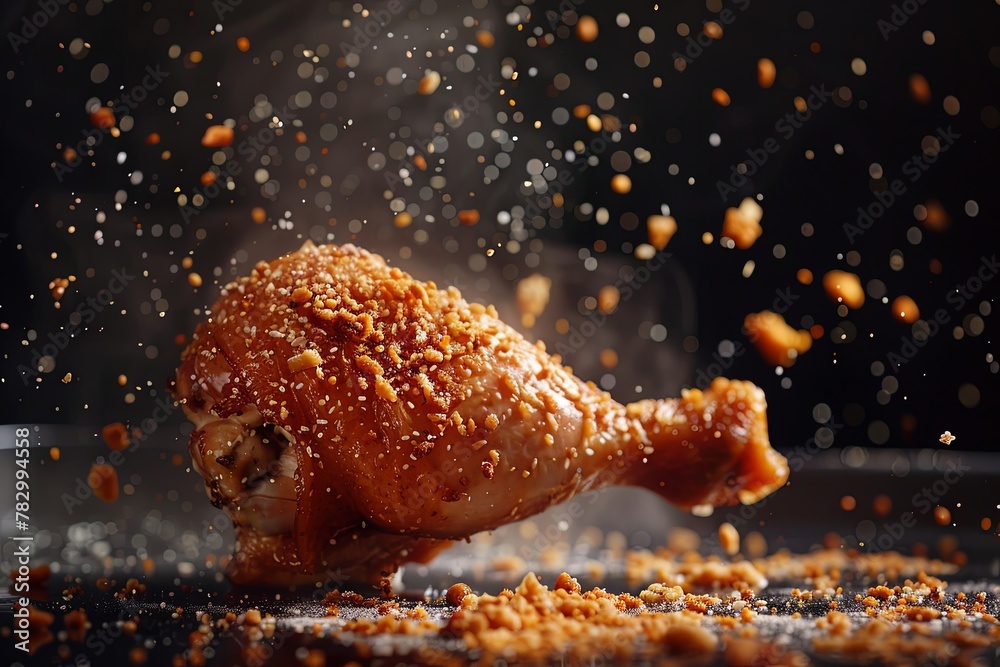 A fried chicken leg with crumbs floating around it - obrazy, fototapety, plakaty 