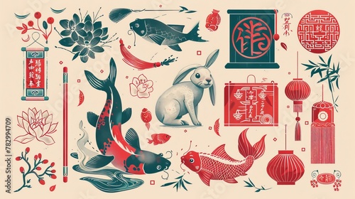 With risograph effect on beige background and koi fish, bunnies, red envelopes, bamboo, gifts, plum blossoms, fortune bags, and doufang with tassel. photo