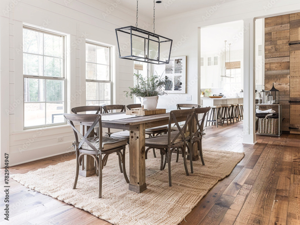 Rustic wood dining table in modern farmhouse setting surrounded by chairs, plants, and pendant lights.