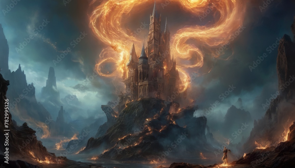 A fantastical castle stands engulfed in swirling celestial flames, under a tumultuous sky.
