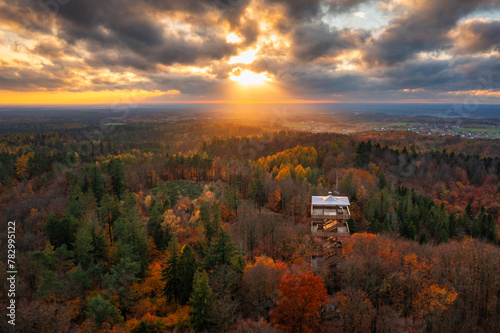 Beautiful landscape of Kashubia in autumn with the observation tower in Wiezyca, Poland