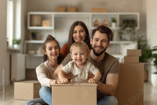 Family unpacking moving boxes in new home