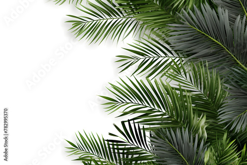 Frame with tropical palm leaves and jungle plants isolated on white background