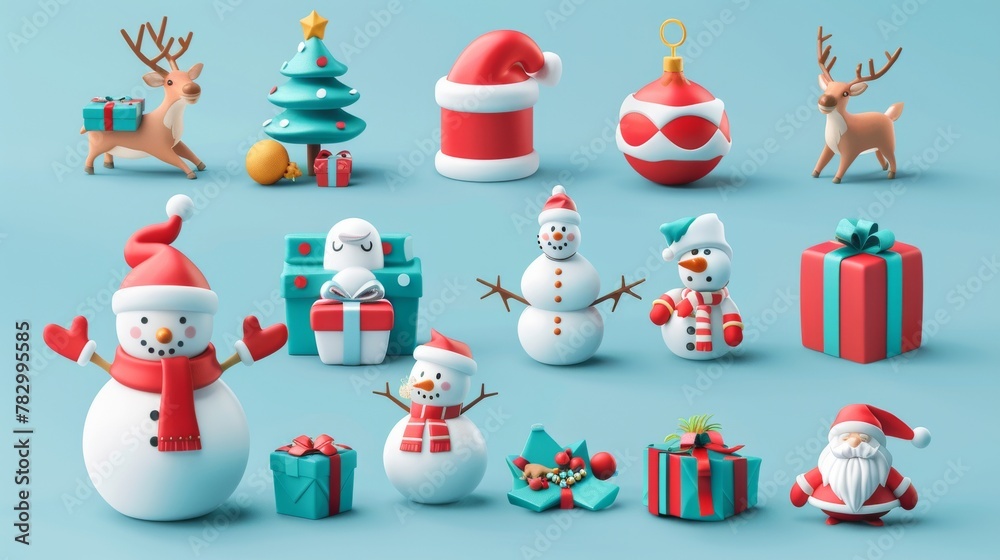 A set of 3D illustrated Christmas elements isolated on a light blue background. Features snowmen, reindeer, various gift boxes, Santa Claus with and without gifts.