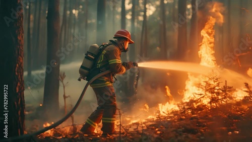 Intense footage of an experienced firefighter actively extinguishing a fierce wildland fire deep within a dense forest, showcasing courage and precision under pressure in Safety Uniform photo