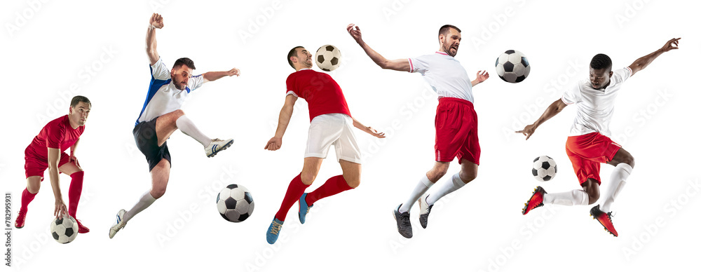 Collage. Young male athletes, football, soccer players in motion with ball isolated on transparent background. Concept of professional sport, competition, tournament, active lifestyle - obrazy, fototapety, plakaty 