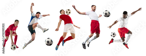 Collage. Young male athletes, football, soccer players in motion with ball isolated on transparent background. Concept of professional sport, competition, tournament, active lifestyle © master1305