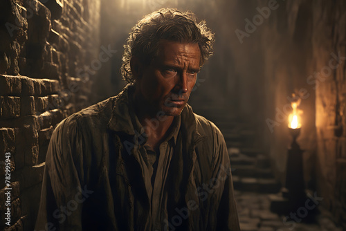 A portrait of an old prisoner with a sad, tied face filled with sorrow. In a dimly lit, old prison cell. Perfect for incarceration and aging content. photo