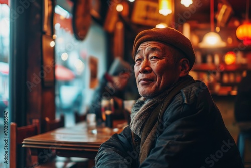 Portrait of an elderly Chinese man sitting in a restaurant and looking at the camera.