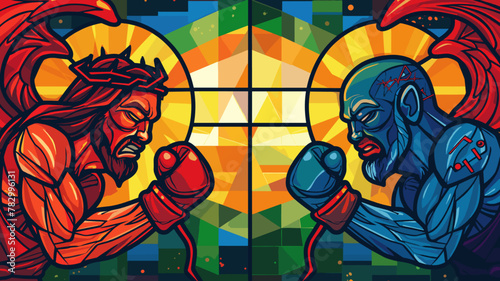 Colorful stained glass illustration of Jesus Christ  vs Satan lucifer the devil