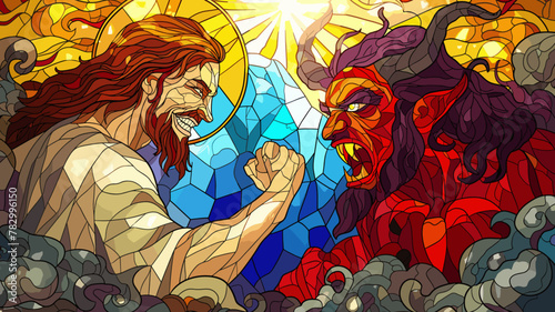 Colorful stained glass illustration of Jesus Christ  vs Satan lucifer the devil