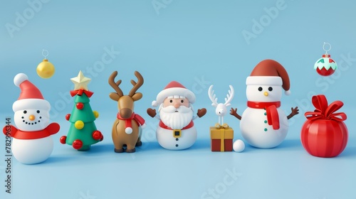 A 3D illustration of Christmas elements isolated on a light blue background with a snowman, reindeer, gift boxes, and Santa Claus holding a present. © Mark