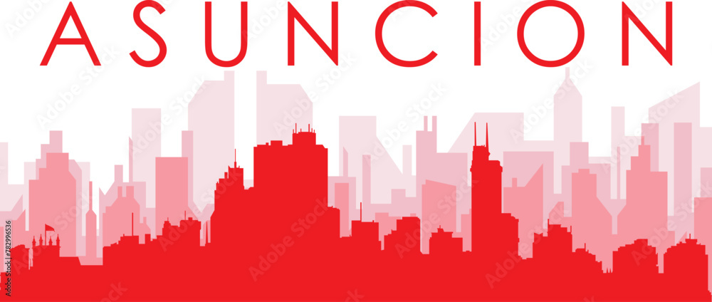 Red panoramic city skyline poster with reddish misty transparent background buildings of ASUNCIÓN, PARAGUAY