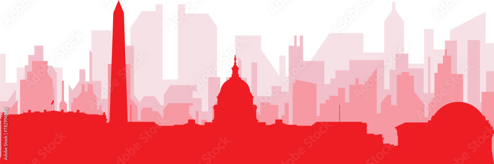 Red panoramic city skyline poster with reddish misty transparent background buildings of WASHINGTON, UNITED STATES
